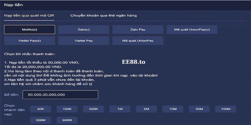 Hướng dẫn nạp tiền EE88 hai phương thức cơ bản